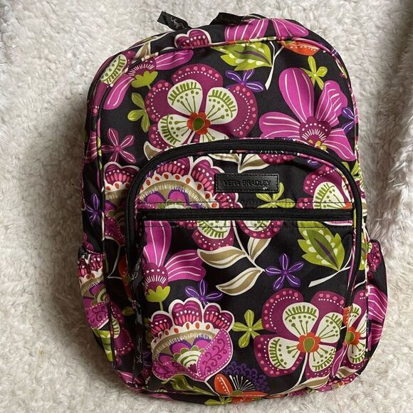 Vera Bradley Pirouette Black & Pink Floral Lighten Up Campus large Backpack - Picture 1 of 9